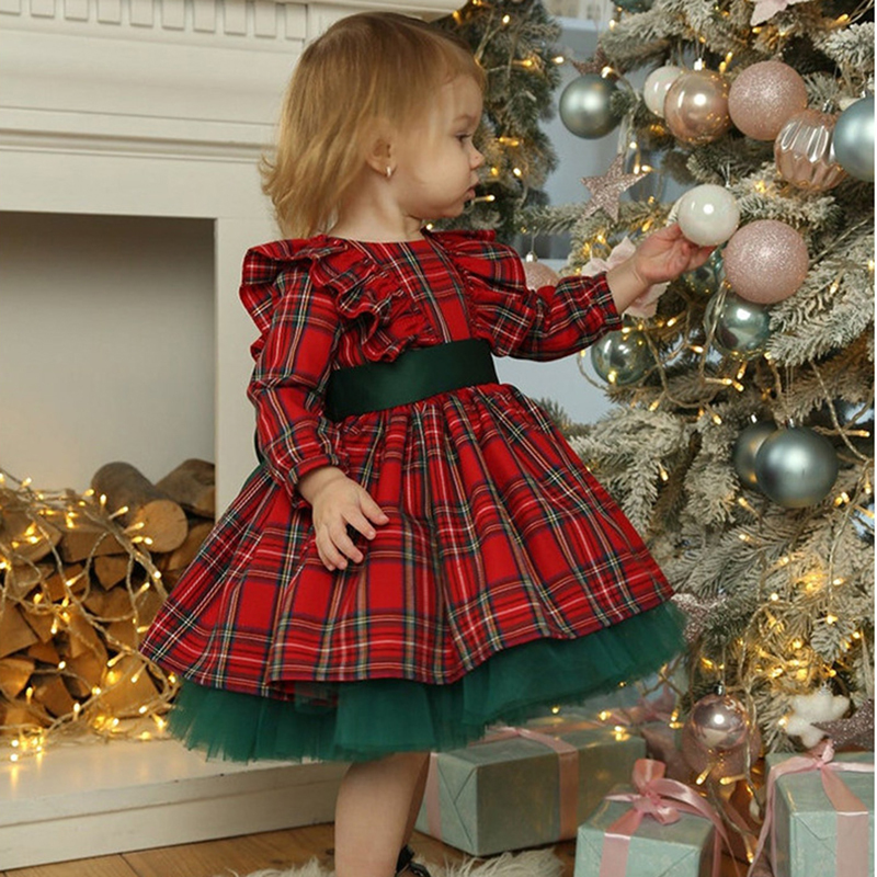 Girl's Dresses 6M-5 Years Christmas Dress For Girls Toddler Kids Red Green Plaid Bow Girl Xmas Party Princess Costumes Clothes 221110