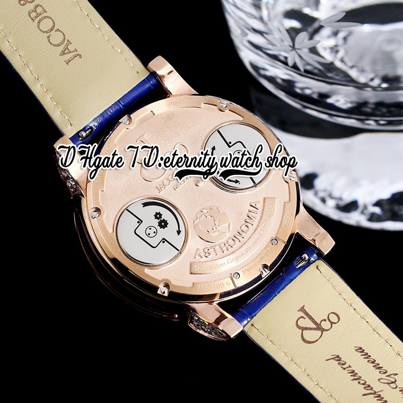 BZF Astronomia Tourbillon Baguette Swiss Quartz Mens Watch Rose Gold Steel Case Betonowe Diamenty Szkielet 3D Globe Rotate Dial Niebieski skórzany pasek eternity Watches