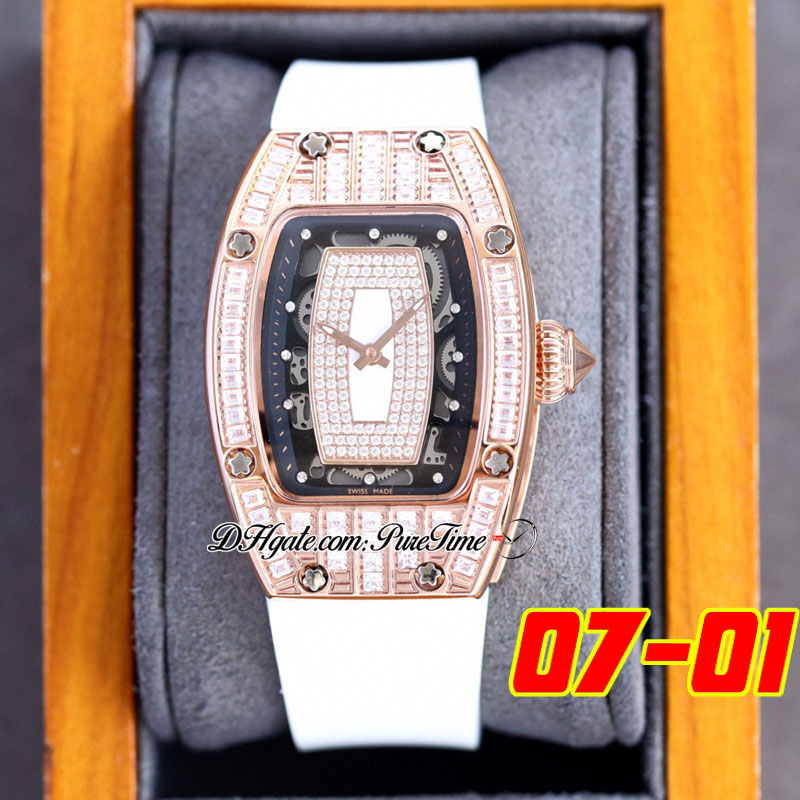 07-01 Diamants Baguette Quartz Suisse Montre Femme Montres Femme Or Rose Pavé Diamant Cadran Squelette Rouge Bracelet Caoutchouc Noir Super Edition 5 Styles Puretime B2