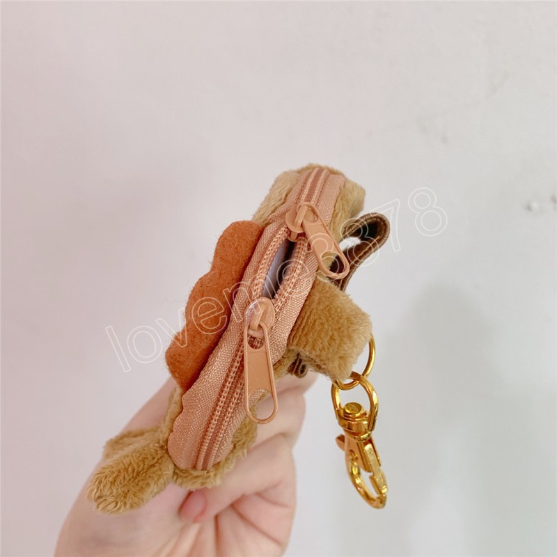 Monedero con forma de pez de peluche para niña, moneda, almacenamiento de llaves y dinero, auriculares, bolso de muñeca, billetera marrón de dibujos animados, bolsa con cremallera para niño