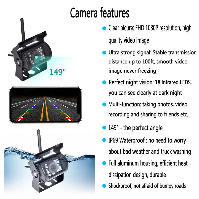 HD Truck Reversing Camera Wireless Car BACKE View Camera WiFi Rreversing Camera 170 Wide Vinkle Night Vision Bus Truck Cam Waterproof