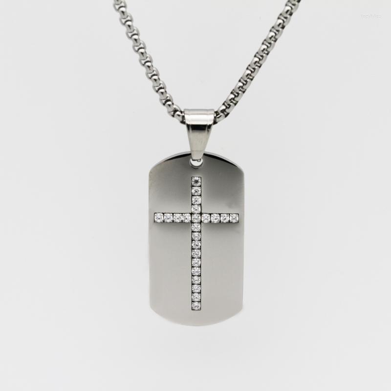 Pendanthalsband snidade fyrkantiga rostfritt stål Mäns räfflade Crystal Cross Dog Tag Halsband amulet smycken268g