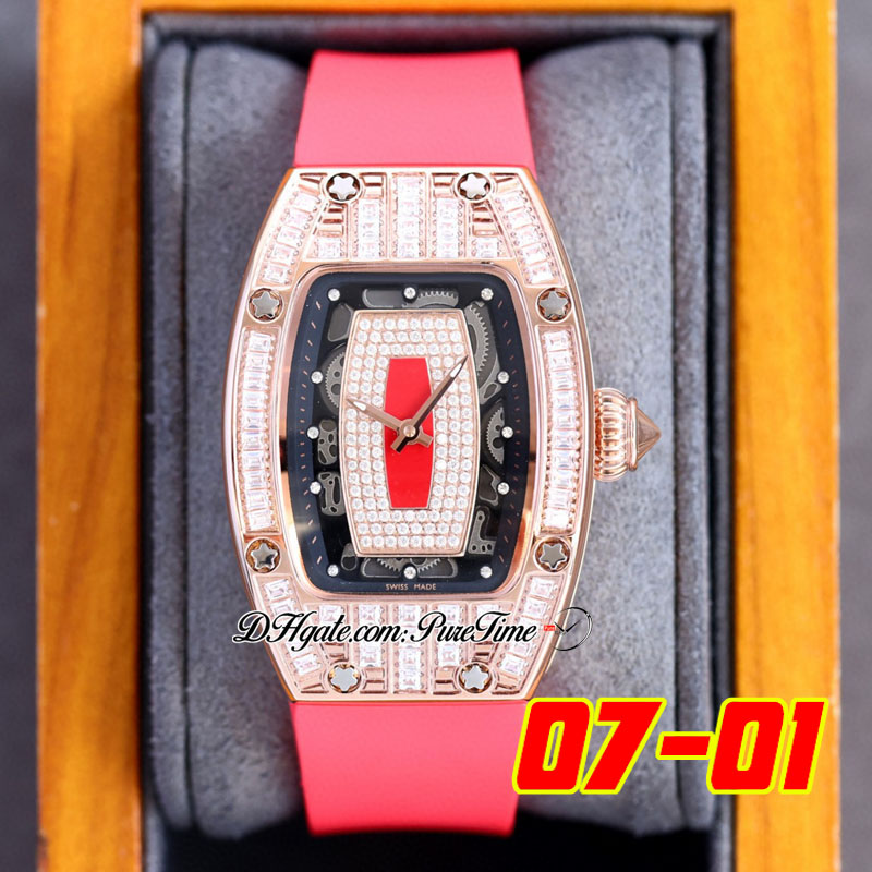 07-01 Diamants Baguette Quartz Suisse Montre Femme Montres Femme Or Rose Pavé Diamant Cadran Squelette Rouge Bracelet Caoutchouc Noir Super Edition 5 Styles Puretime B2