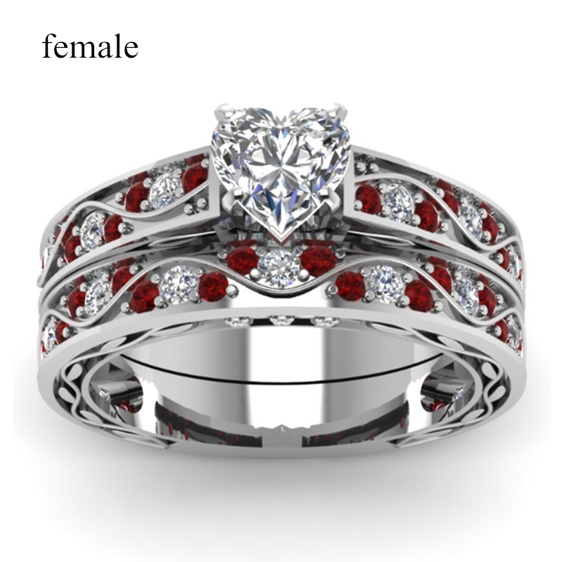 Mode Couple Anneaux Femmes Coeur Blanc Cristal CZ Anneaux Ensemble Hommes Rouge Bois Incrustation En Acier Inoxydable Anneau De Mariage Bande Bijoux