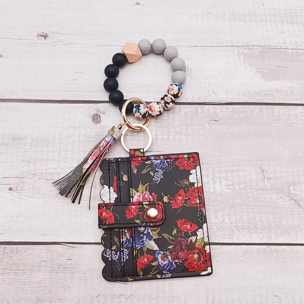 Portable Wallet Wrist Keychain Silicone Beaded Keychain Tassel Card Bag Pendant Bracelet