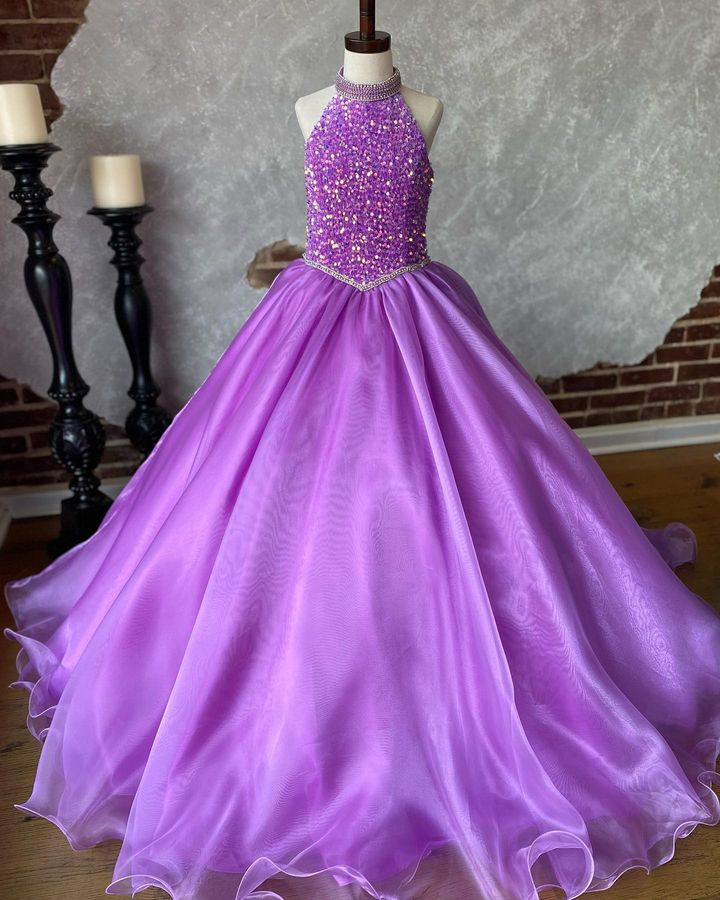 Orchid Girl Pageant Dress 2023 Crystal Straps Back Sequin Velvet Little Kids Birthday Formal Party Gown Infant Toddler Teens Preteen Tiny Young Junior Miss Children