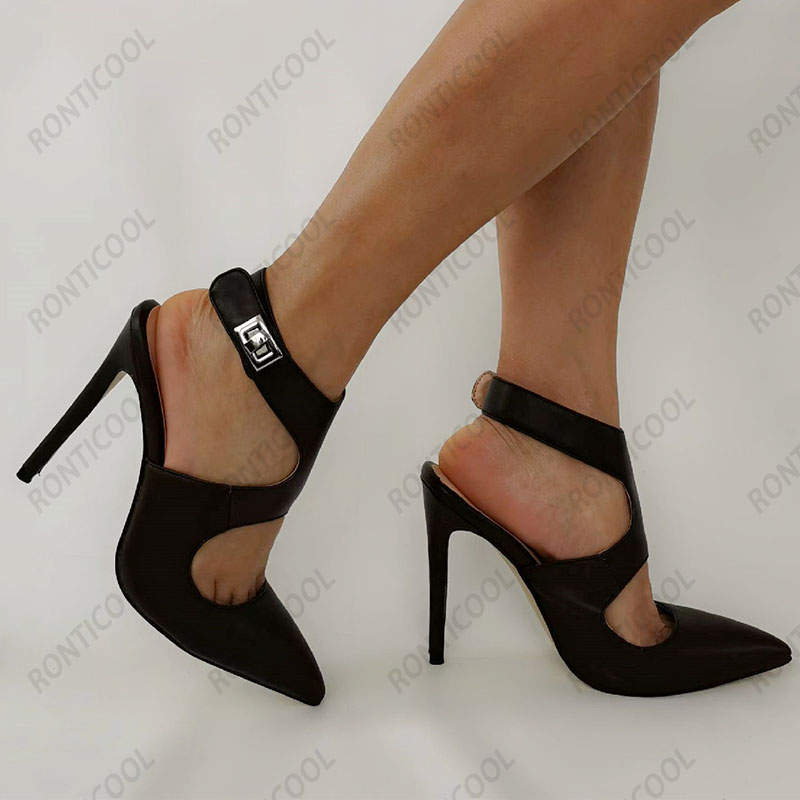 Ronticool New Women Women Spring Pumps Faux Leather Stiletto каблуки Уозные ноги Элегантные черные офисные ботинки US Plus 5-15