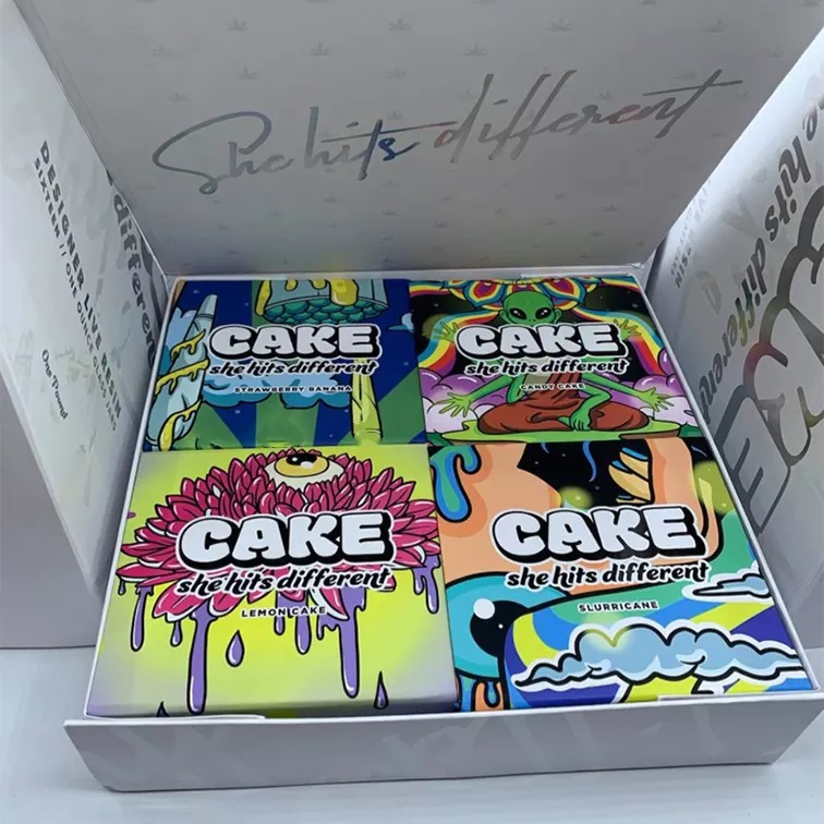 Leere 1 Pfund Cake She Hits Different Live Resin 4 Geschmacksrichtungen, Aufkleber, Etiketten, Verpackung mit Glasgefäß, aufklappbare Box, 4 Design