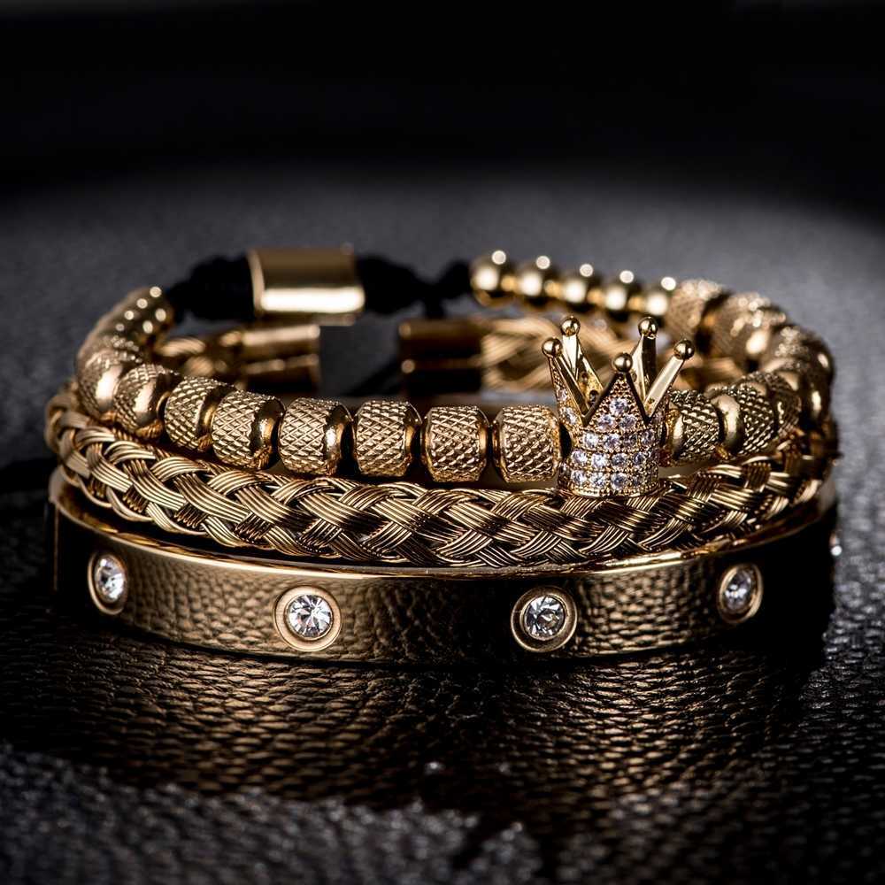 set Luxury Micro Pave CZ Crown Roman Royal Charm Men Bracelets Stainless Steel Crystals Bangles Couple Handmade Jewelry Gift218d