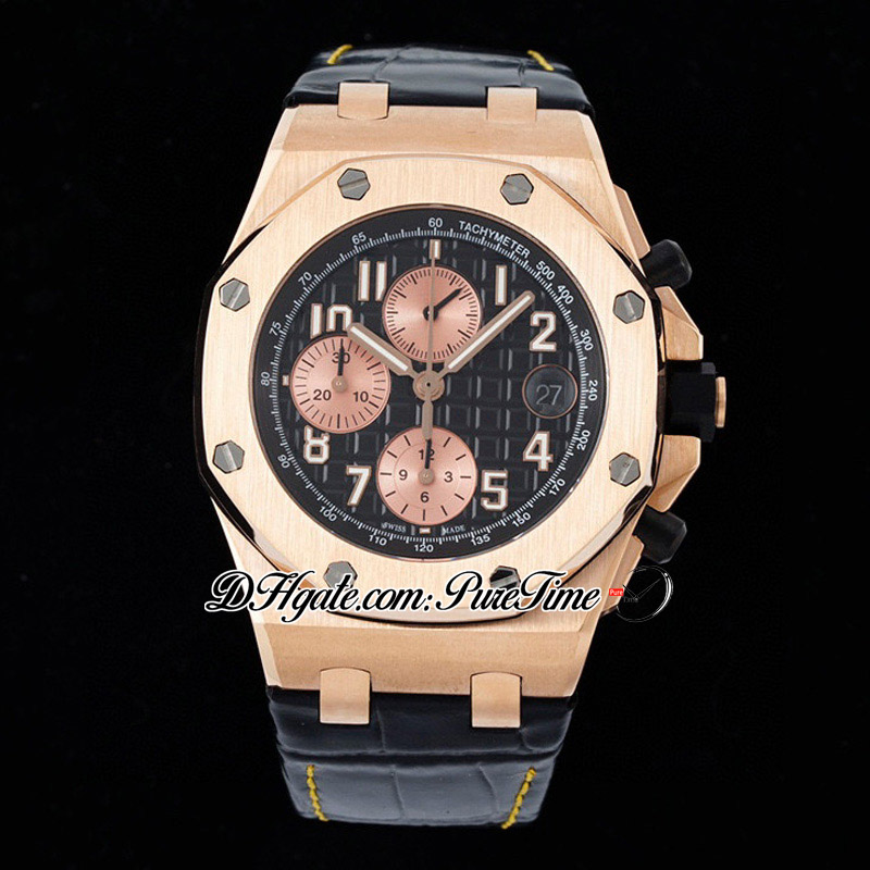 SF 42mm 2647 A3126 Automatic Chronograph Mens Watch Rose Gold Black Textured Dial Champagne Subdial Leather Strap With Yellow line Super Edition Puretime B2