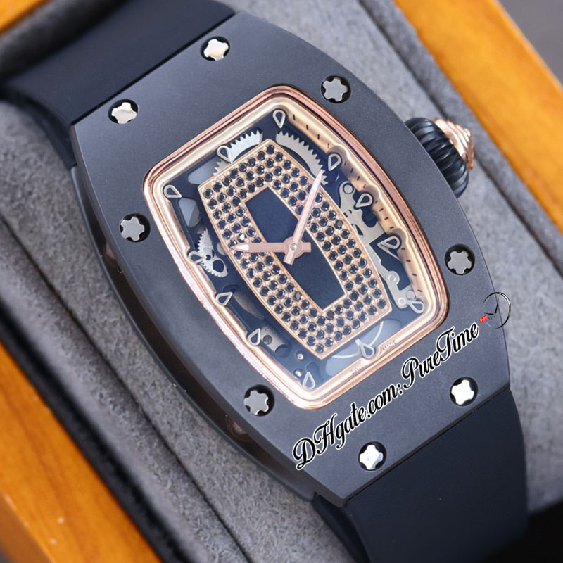 07-01 Carbon Fiber Miyota Automatic Ladies Watch Womens Watches Rose Gold Inner Black Diamonds Skeleton Dial Rubber Strap Super Edition Puretime C3