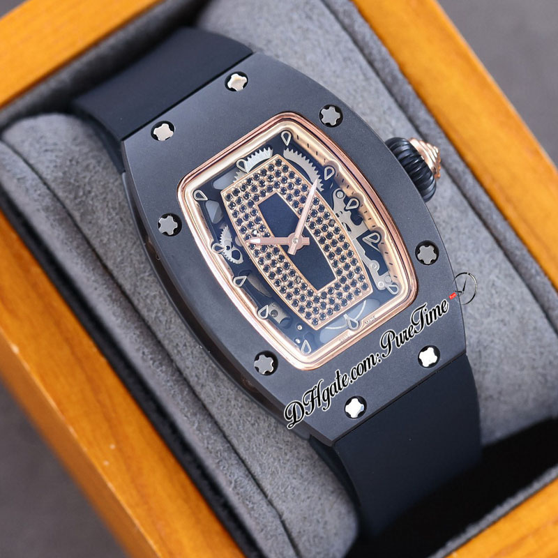 07-01 Углеродное волокно Miyota Automatic Ladies Watch Wamens Watches Rose Gold Внутренние черные бриллианты скелетон резиновый ремешок Super Edition Puretime C3