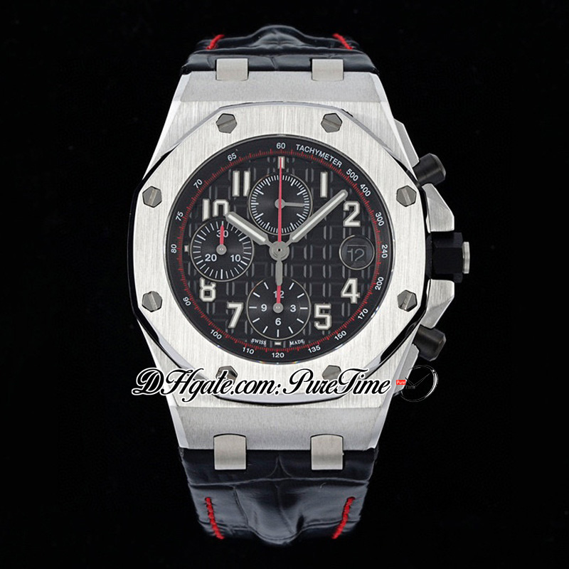 SF Vampire 2647 A3126 Automatik-Chronograph Herrenuhr, 42 mm, Stahlgehäuse, schwarzes strukturiertes Zifferblatt, Nummernmarkierungen, Lederarmband, rote Linie, Uhren, Super Edition Puretime G7