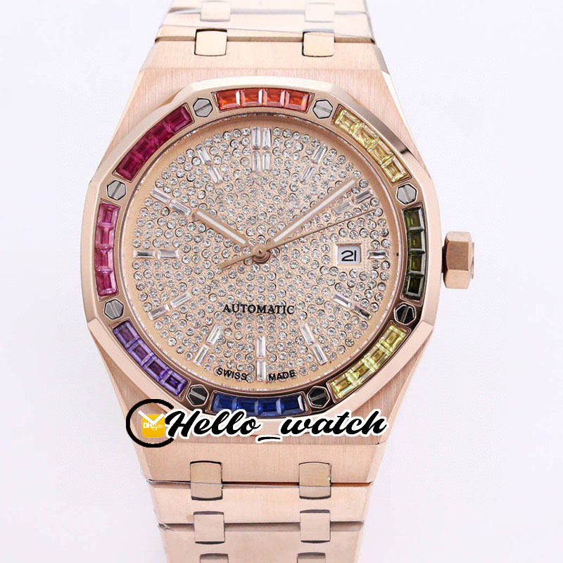 41mm Data A3120 Automático Mens relógio Champagne Full paved Diamonds Dial Dial Gold Gold Rainbow Diamond Buzel Steel Watches Hellowatch A40A1