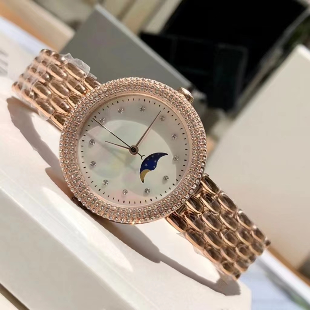 Women's fashion quartz watch rose gold case 28mm diamond imported original advanced movement electronic lunar phase function timing R11462 Casual watch