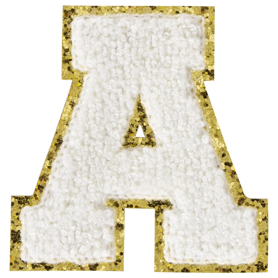 概念シェニールレターの金色のきらめきのパッチは、チームコスチューム装飾のためのアルファベットのアップリケ8cmのアルファベットのアップリケの初期パッチの白い鉄を縫います8cm