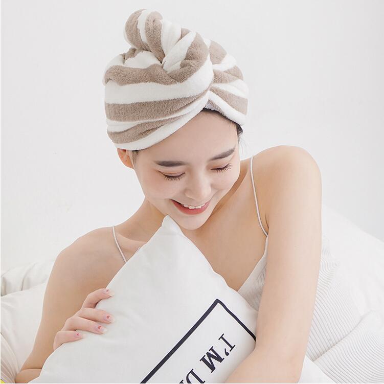 Trockene Haartücher Streifen Mikrofaser Duschkappen Magie Super absorbierende Schnelltuch-Haartuch Trocknung Turban Spa Badewerkzeuge Damen Koralle Fleece Head Wrap Hut BC162