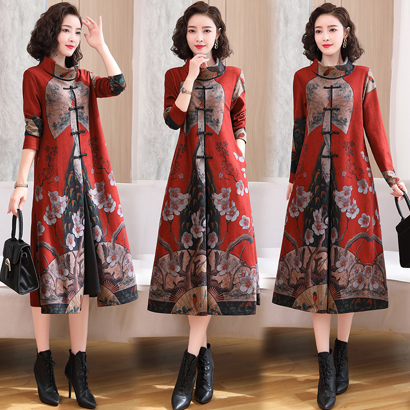 Autumn winter ethnic Clothing women's Stand collar modern Cheongsam long dress plus size elegant oriental costume
