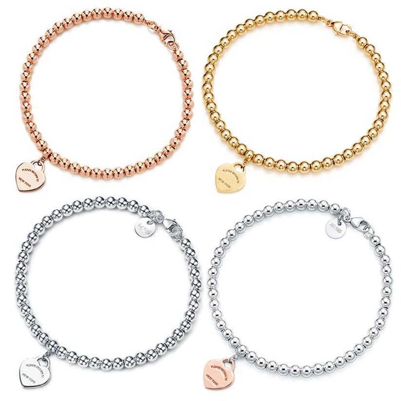 Bracelets de charme tiff 100% 925 argent 4 mm perle ronde Bracelet en forme de cœur femelle épaissie de fond pour petite amie Souv2393