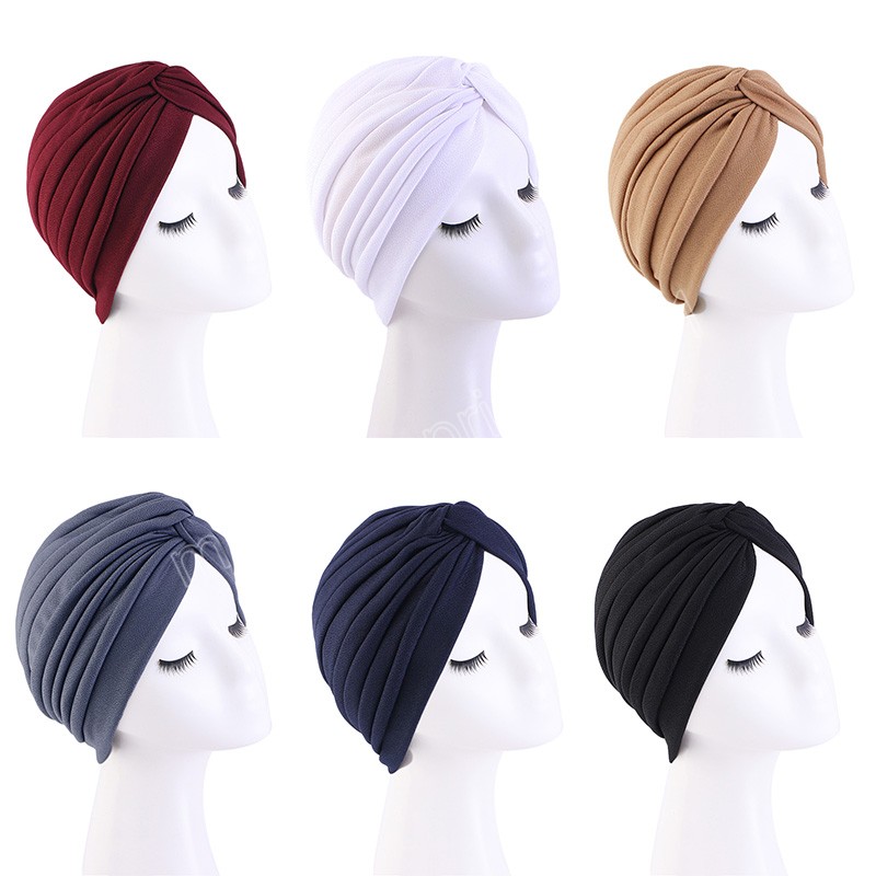 Kadınlar Esnek Knot Twist Türban Cap Müslüman Kalın Hint Şapkaları Head Bands bayanlar pilili başörtüsü şapka kadın şapkası saç aksesuarları