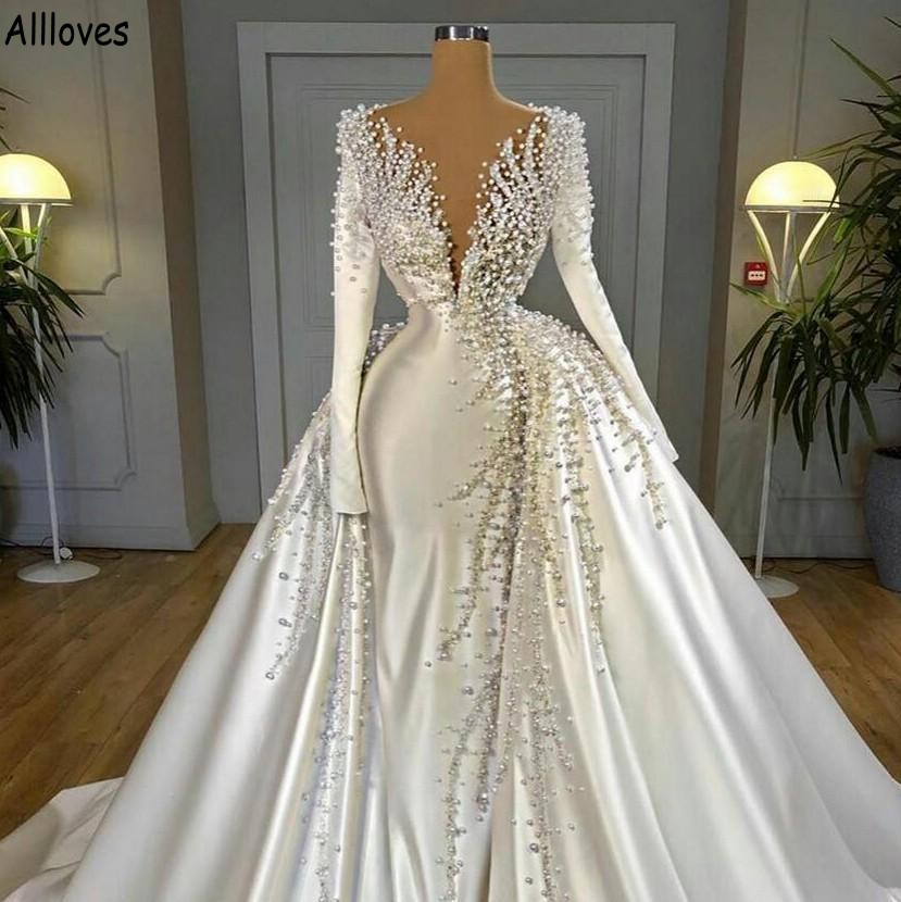 Splendide perle Dubai Arabia Saudita Abiti da sposa a sirena con treno staccabile Maniche lunghe Scollo a V Abiti da sposa formali Chiesa in raso avorio Vestidos De Novia CL1427