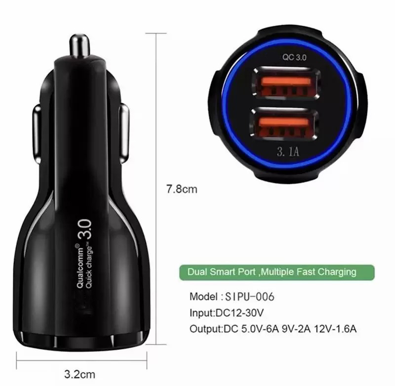 Caricabatterie auto portatili QC3.0 Led Ricarica rapida 12V 3.1A Doppia porta USB smartphone