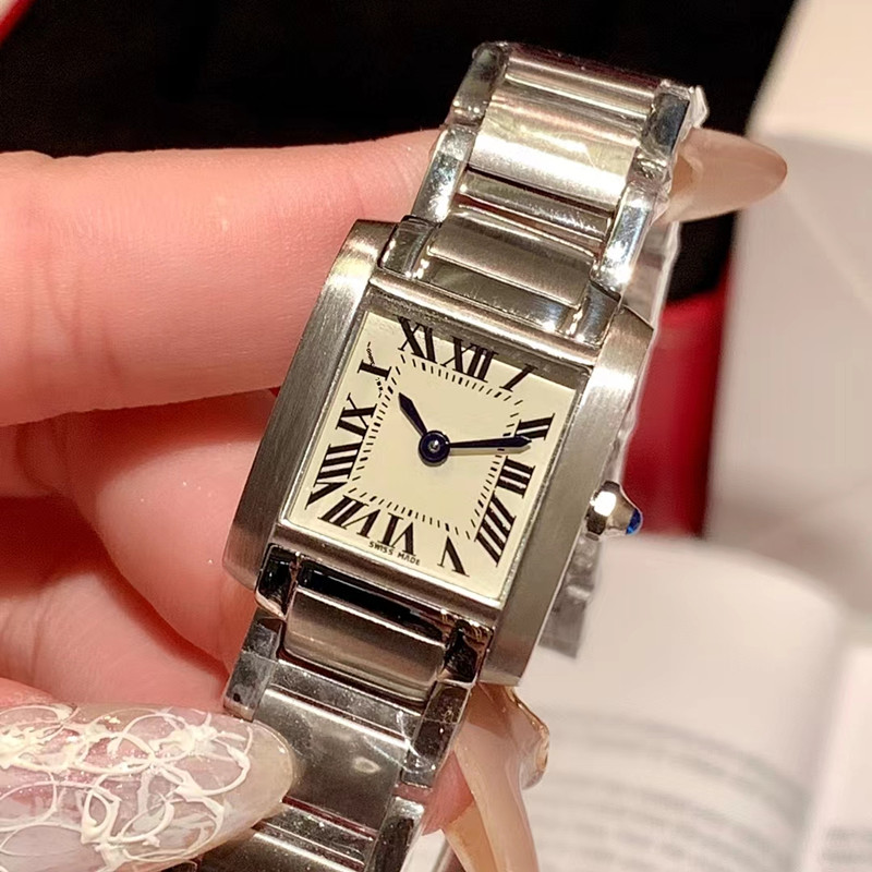 Women's fashion quartz watch 25mm square dial Roman numerals scale literal waterproof sapphire glass between silver stainless steel tank series watch