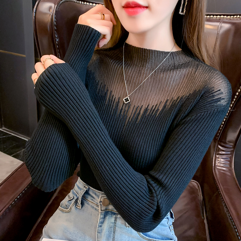 Women's stand collar knits tees gauze patched perspective sexy knitted tops