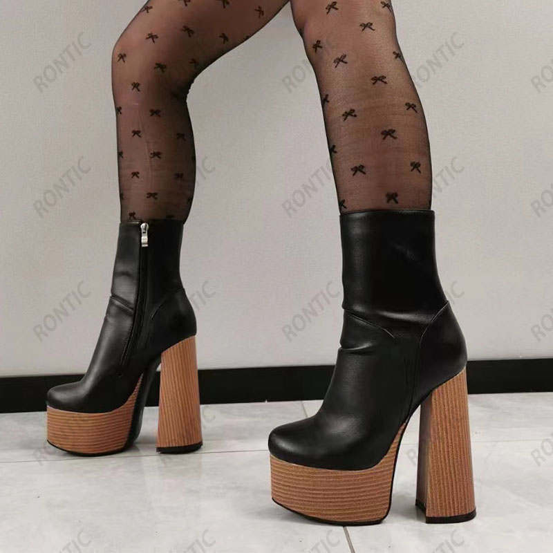 Rontic handgefertigte Damen-Winter-Stiefeletten mit Plattform, Kunstleder, Kork, klobiger Absatz, runde Zehenpartie, elegante schwarze Partyschuhe, US-Größe 5–15