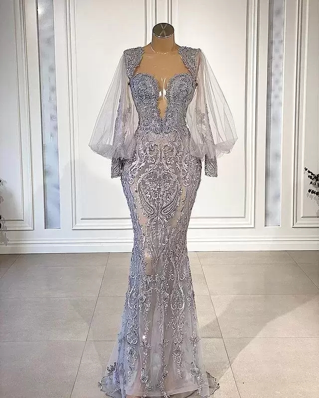 2023 Luksusowa syrena koronkowe sukienki wieczorowe z koraliki z długim rękawem sukienka na bal