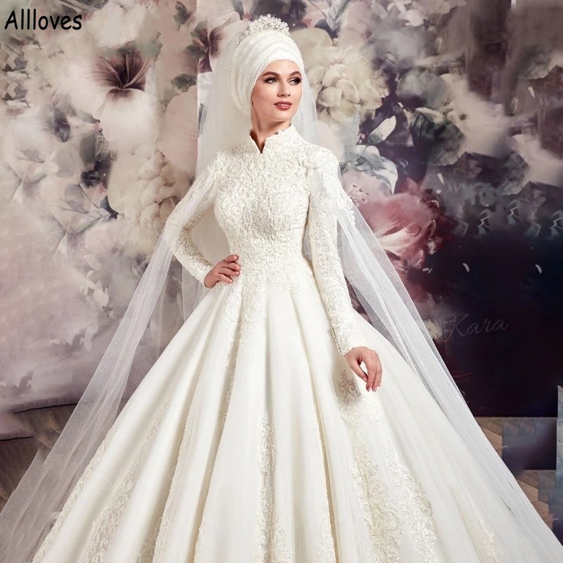 Marfim gola alta muçulmano dubai vestido de baile vestidos de casamento com mangas compridas apliques de renda frisado igreja vestidos de noiva tribunal trem plus size vestidos de novia cl1435