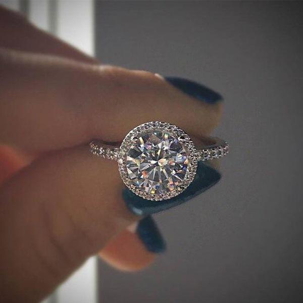 Женское кольцо, обручальное кольцо с большим белым круглым бриллиантом, милые ювелирные изделия из серебра 925 пробы, винтажные обручальные кольца215F