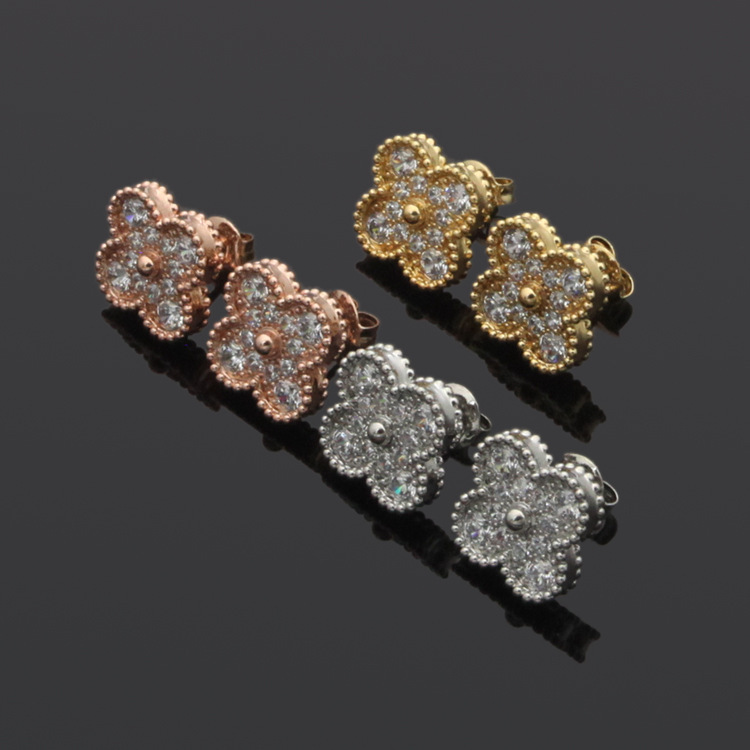 Créateur de luxe trèfle à quatre feuilles Cleef fleur unique boucles d'oreilles en diamant complet femmes mode boucle d'oreille en or 18 carats bijoux 3408865