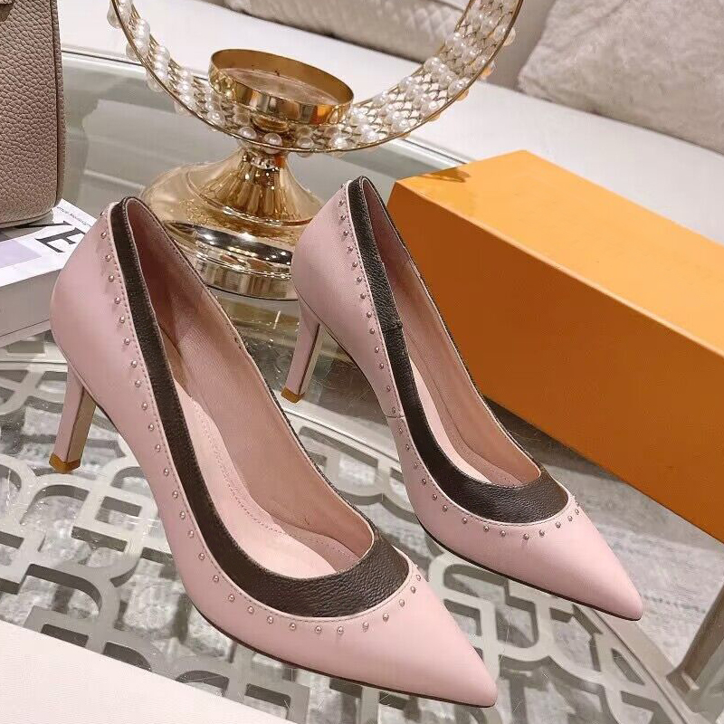 spring autumn women Dress shoes fashion high heeled boat SHoes Designer Printed leather Stiletto heel heels Pointed letter sexy Ballroom bar shoe size 34-41 With box