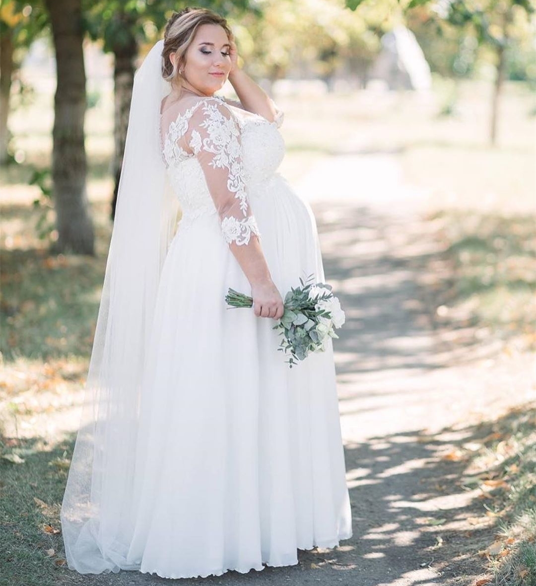 Plus Size Wedding Dress Pregnant 3/4 Sleeve A-Line Big Size Lace Appliques Chiffon Bridal Gowns Elegant For Women Brides