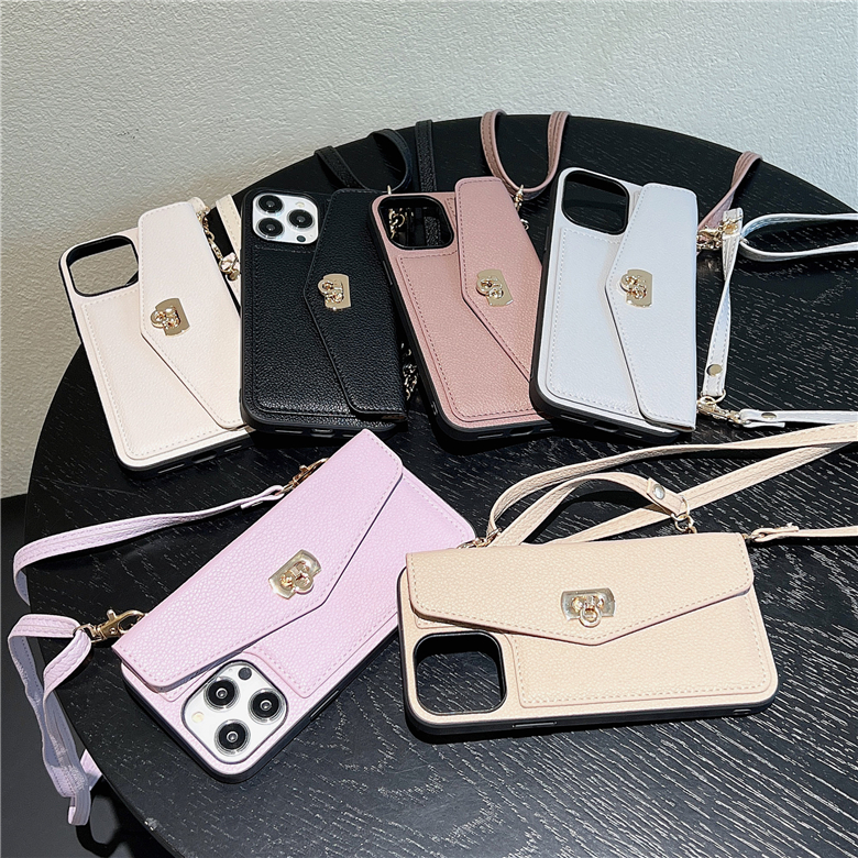 Adjustable Lanyard Lychee Grain Handbag Phone Cases for iPhone 14 13 12 11 Pro Max Durable Crossbody Chain Card Slot Wallet Clutch Protective Shell Shockproof