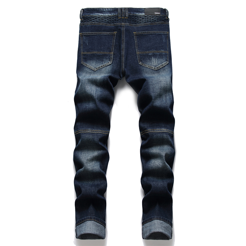 Men's Jeans Coated Straight Pleated Biker Jeans Male Motorcycle Denim Pants Vaqueros Hombre Plus Size