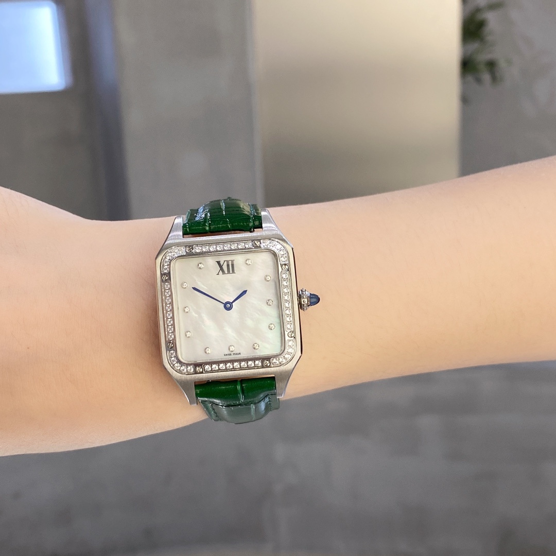 Lyxmärke Santos Womens Watchs Advanced Gift Ladies Watch for Women 32x43x7mm Ultra Thin Quartz Watch With Diamonds Natural Gem308g