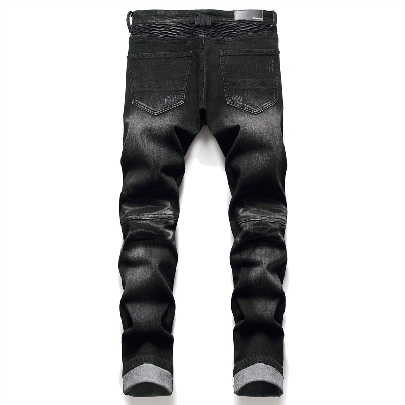 Men's Jeans Coated Straight Pleated Biker Jeans Male Motorcycle Denim Pants Vaqueros Hombre Plus Size