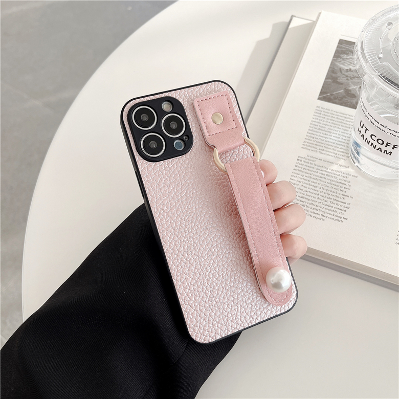 Pearl Wristband Lychee Grain Leather Phone Cases for iPhone 14 13 12 11 Pro Max Full Protective Soft Bumper Crocodile Pattern Bracket Back Cover Antichoc