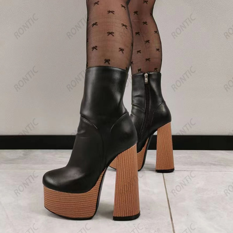 Rontic fait à la main femmes hiver bottines plate-forme Faux cuir liège talon épais bout rond élégant noir chaussures de fête taille américaine 5-15