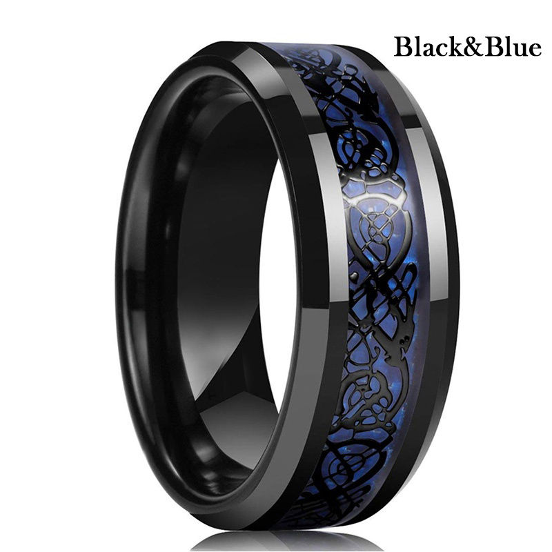 8mm Men's Stainless Steel Dragon Ring Inlay Red Green Black Carbon Fiber Rings Wedding Band Jewelry Size 6-13