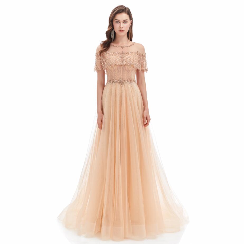 Fairy Tulle Princess Prom Dresses Sheer O-neck Beaded Tassel Boning Top Celebrity Evening Gown vestidos elegantes para mujer