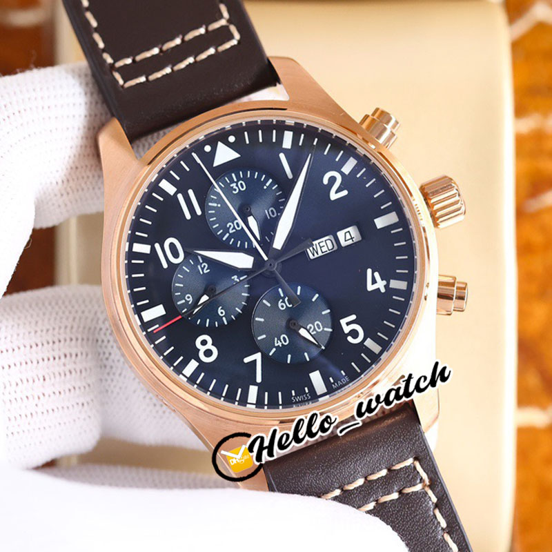 43mm piloter Little Prince IW377714 Automatisk herrklocka Blue Dial No Chronograph Steel Case Brown Leather Strap Dubbel kalender Nya klockor Hellowatch E208