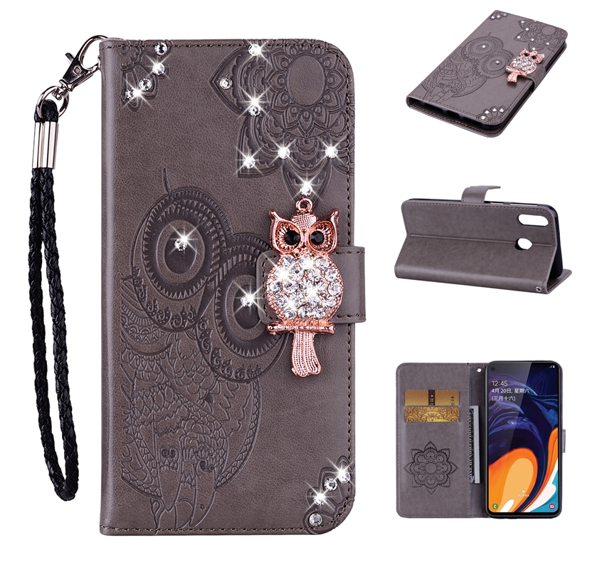 Custodie telefoni a portafoglio con diamanti Bling Samsung S23 Ultra Plus A04 A14 5G A23 con strass moda gufo fiore pelle pizzo portacarte animale flip cover custodia uccelli notturni