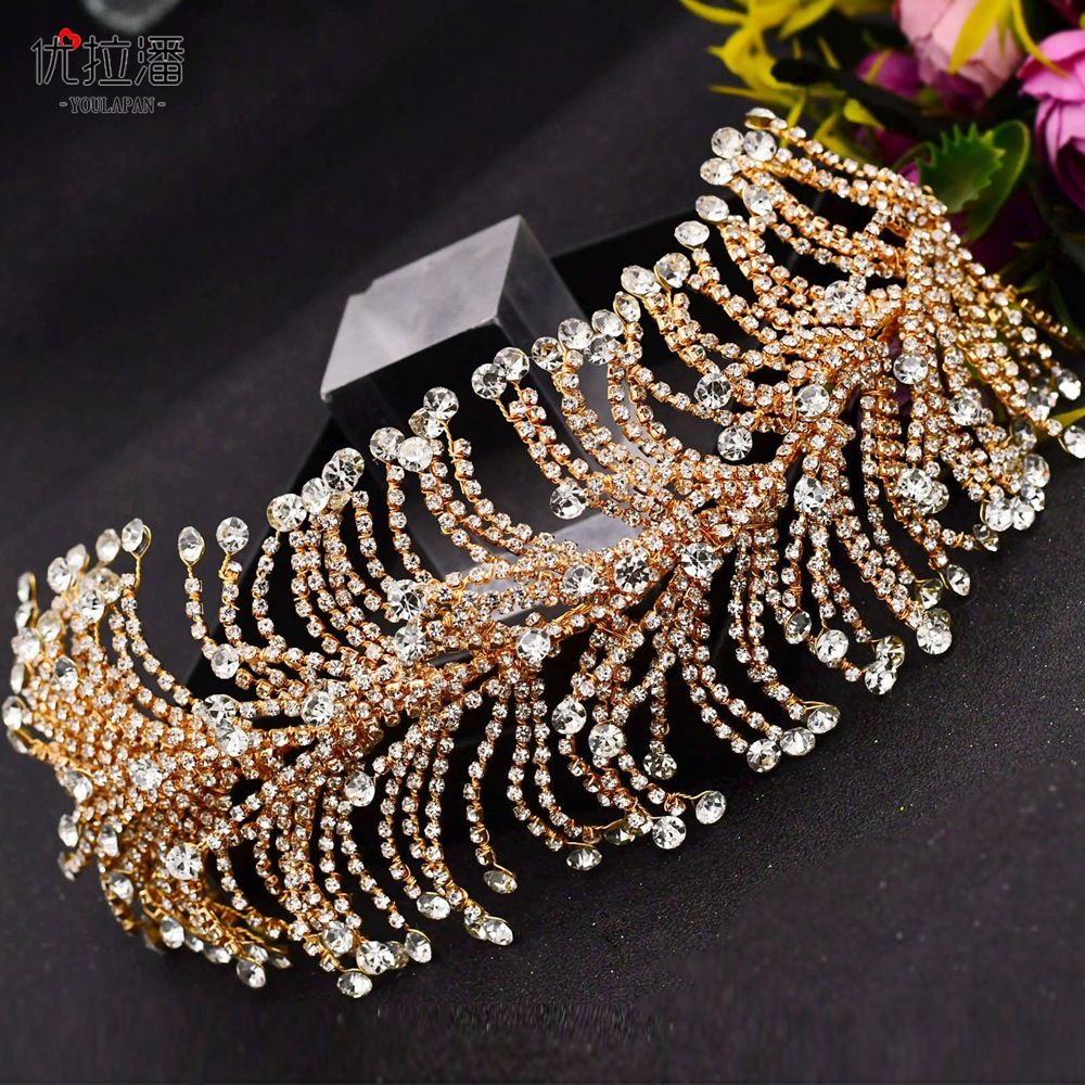 Lüks rhinestone gelin başlıkları saç aksesuarları altın gümüş taç ve tiaras düğün kafa bandı alaşım yaprağı kadın başlık kristal gelin headdress cl1442