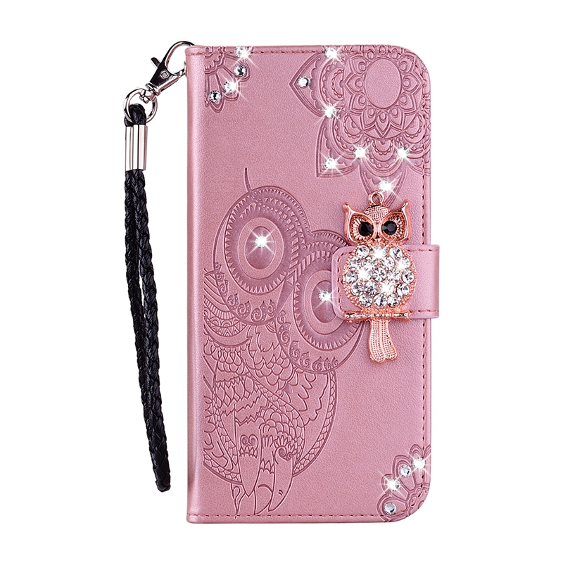 Custodie a portafoglio in pelle con diamanti Bling Samsung S24 Ultra Plus A55 A35 Xiaomi Redmi Note 13 Pro Plus 4G 5G 3D Gufo Fiore Stampa Pizzo Night Bird Porta carte Flip Cover Pouch