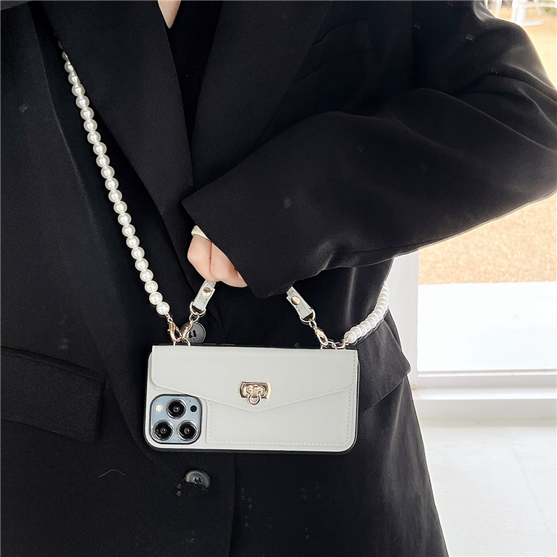 Étuis de téléphone avec bracelet en perles pour iPhone 14 13 12 11 Pro Max, chaîne à bandoulière, fente pour carte, motif litchi, coque de protection en cuir avec boucle plaquée