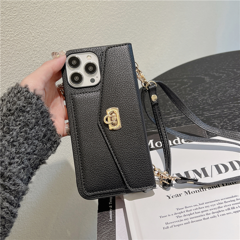 Adjustable Lanyard Lychee Grain Handbag Phone Cases for iPhone 14 13 12 11 Pro Max Durable Crossbody Chain Card Slot Wallet Clutch Protective Shell Shockproof