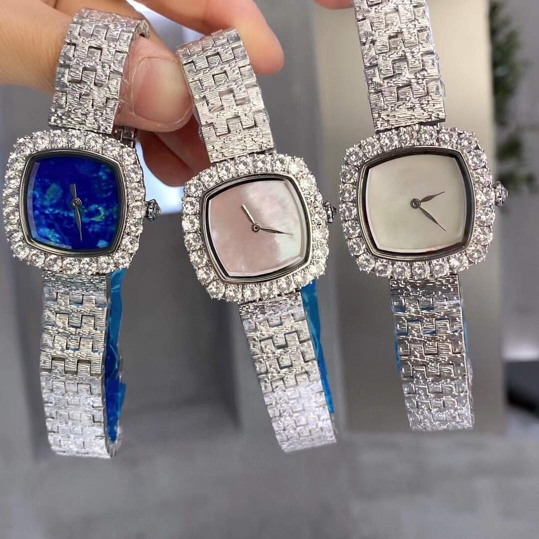 고급 18k 크리스탈 다이아몬드 시계 여성 기하학적 석영 사각형 손목 시계 화려한 어머니 진주 쉘 시계 스테인리스 스틸 시위 보석 31mm